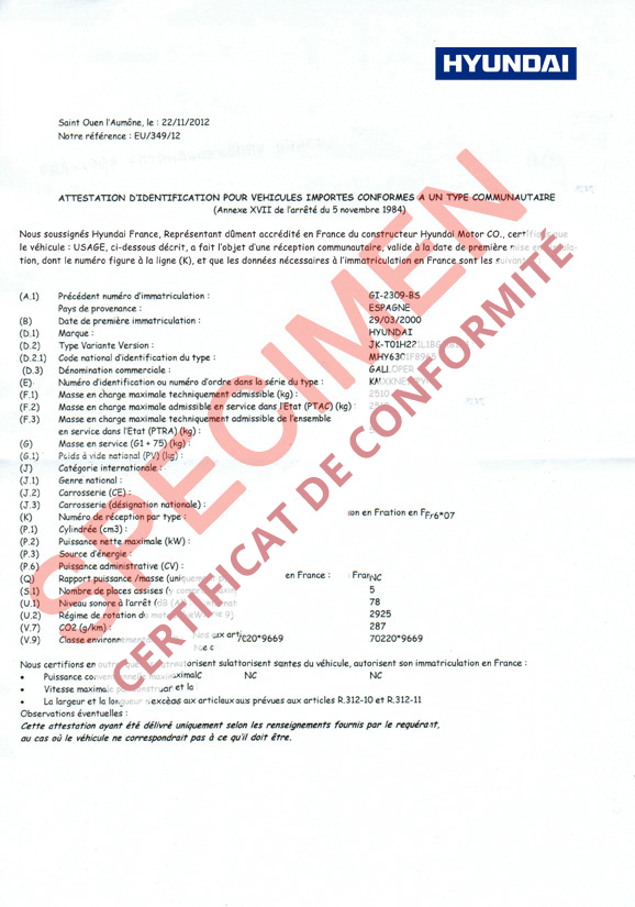 Certificat de conformité Hyundai